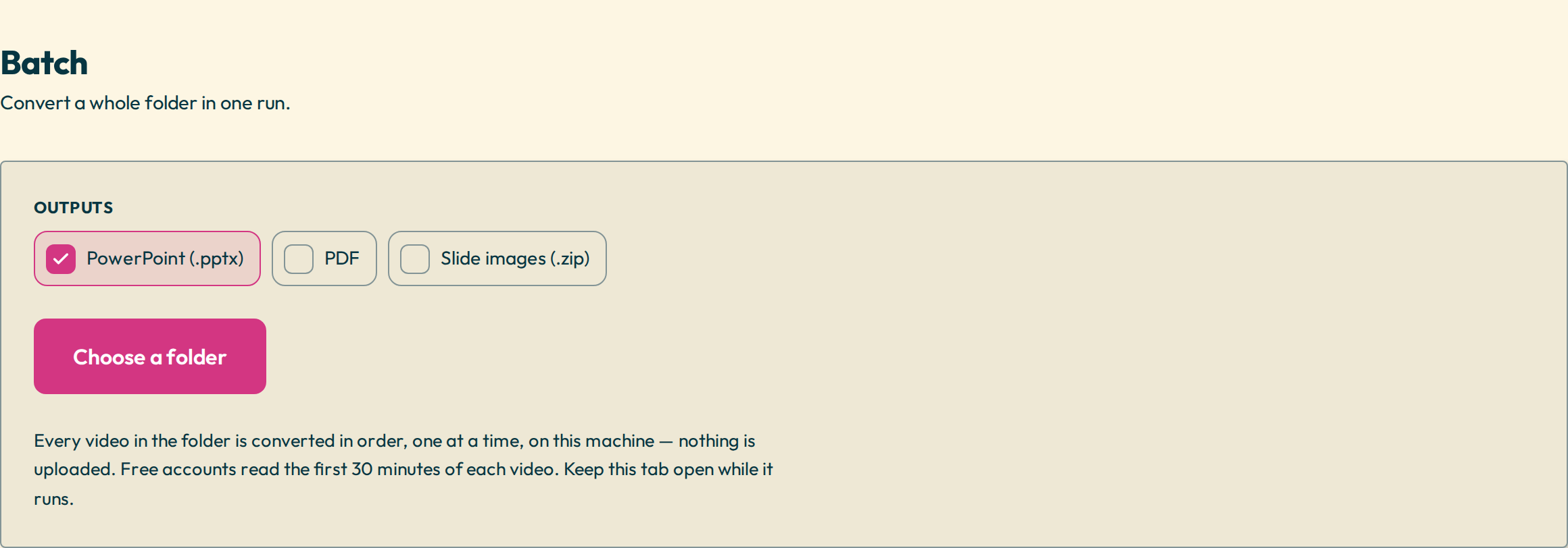 The batch page before a folder has been picked, with a single button to choose one.