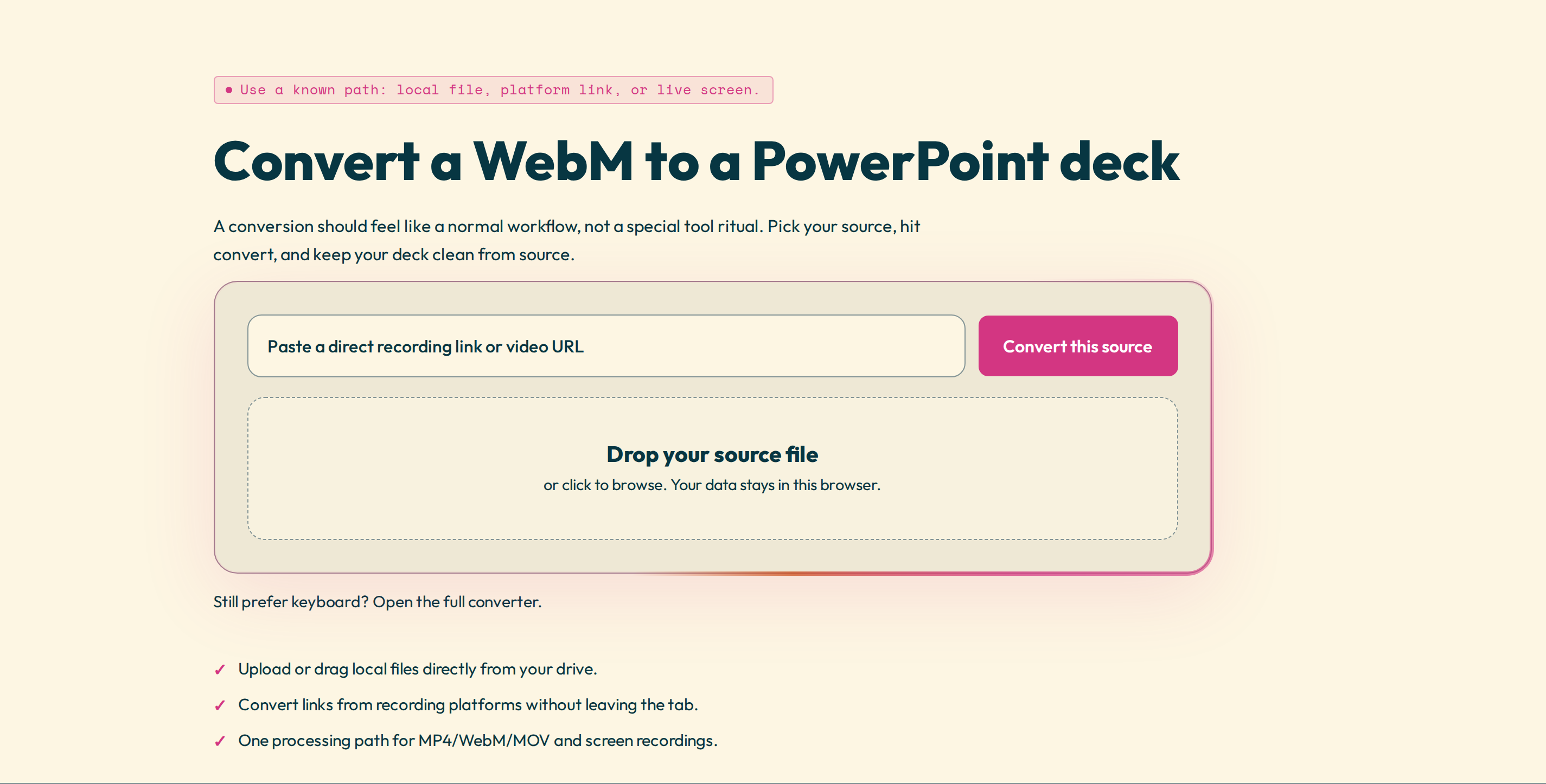 Video2Any converting a WebM recording into PowerPoint slides in the browser