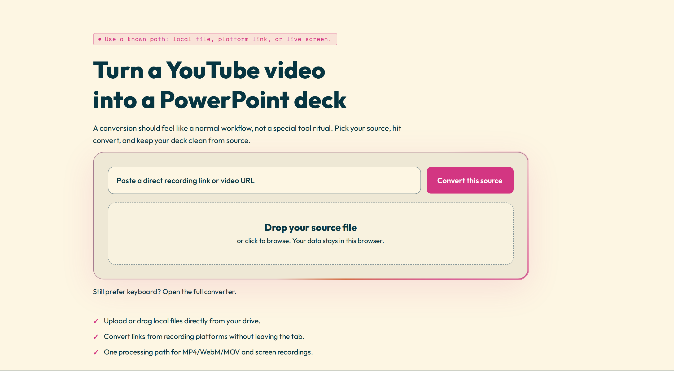 Video2Any converting a YouTube video into PowerPoint slides in the browser