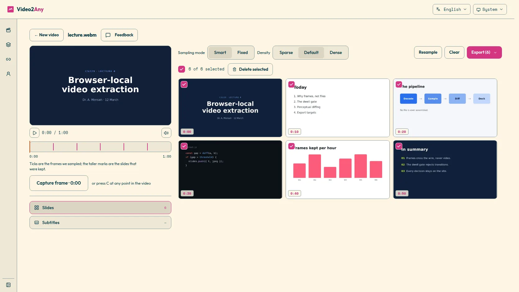 A recorded classroom or webinar turns into a slide deck in the browser.