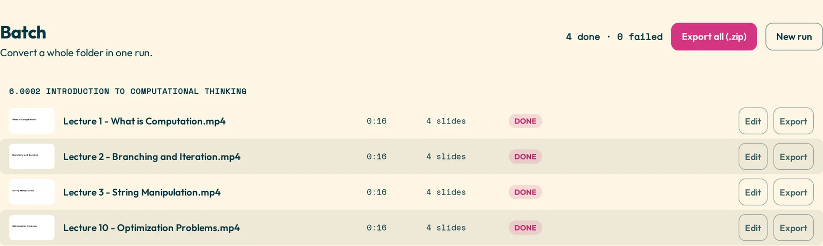 A batch run: four lectures from one course, each converted into its own deck.