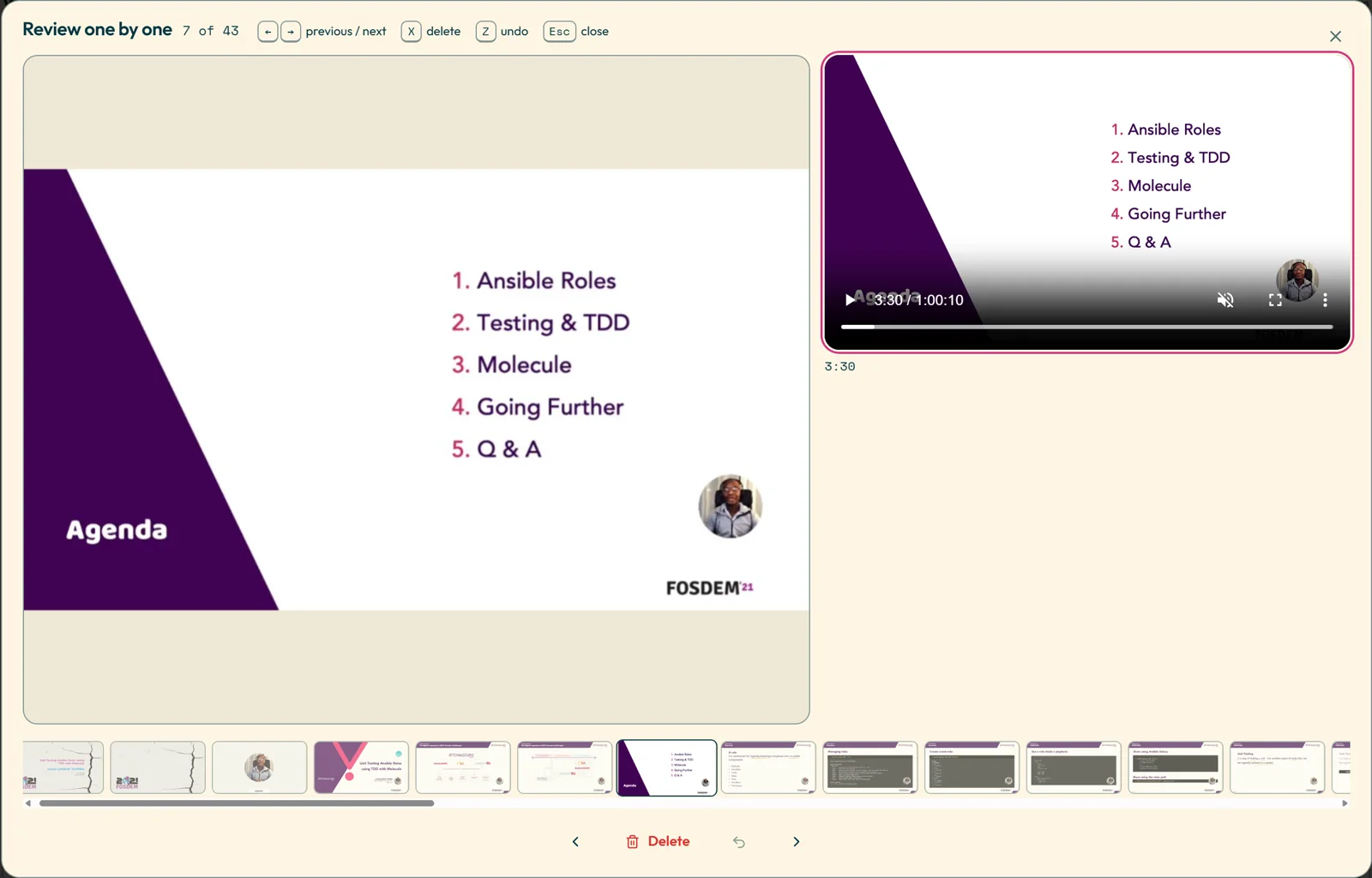 Review mode: the slide on the left, the recording at the same moment on the right, the deck as a strip below.