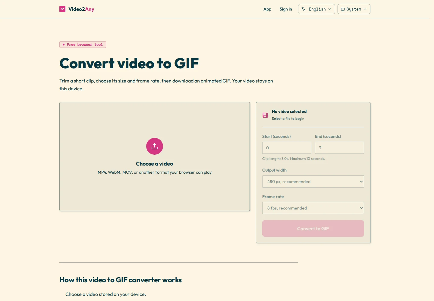 Video-zu-GIF-Konverter von Video2Any mit Videoauswahl und Einstellungen für Startzeit, Endzeit, Ausgabebreite und Bildrate