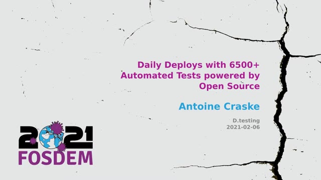「Daily Deploys with 6500+ Automated Tests powered by Open Source」 1번째 슬라이드, 0:00 지점
