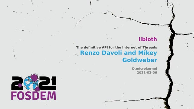 Slide 1 of “libioth — the definitive API for the Internet of Threads”, kept at 0:00