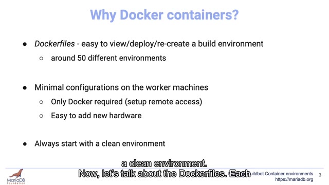 "MariaDB Buildbot container environments" — FOSDEM 2021 — slide 10