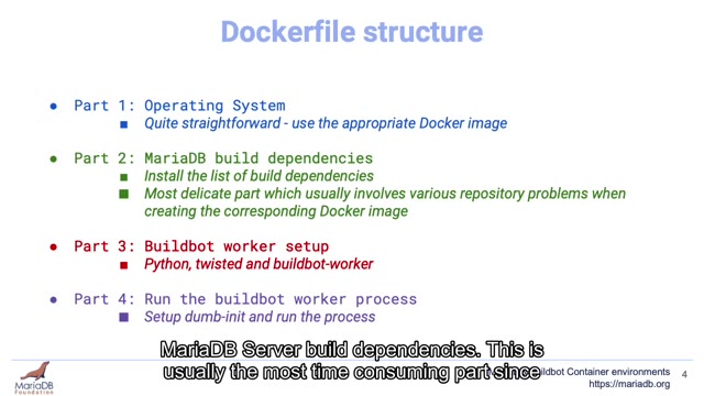 "MariaDB Buildbot container environments" — FOSDEM 2021 — slide 14