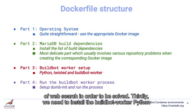 "MariaDB Buildbot container environments" — FOSDEM 2021 — slide 16
