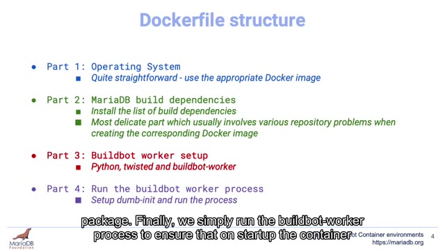 "MariaDB Buildbot container environments" — FOSDEM 2021 — slide 17