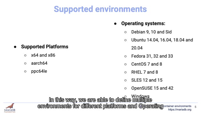 "MariaDB Buildbot container environments" — FOSDEM 2021 — slide 18