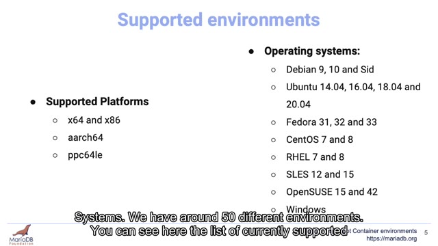 "MariaDB Buildbot container environments" — FOSDEM 2021 — slide 19