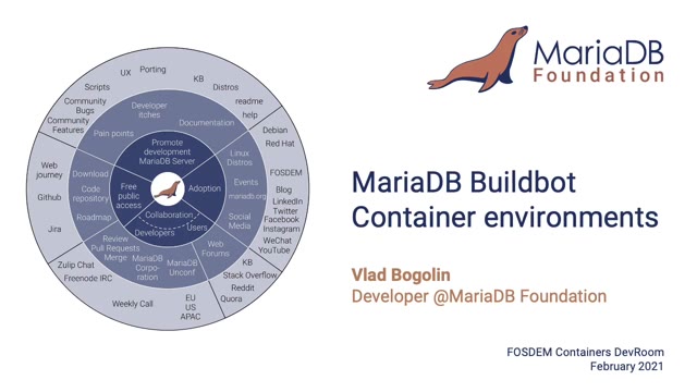 "MariaDB Buildbot container environments" — FOSDEM 2021 — slide 2