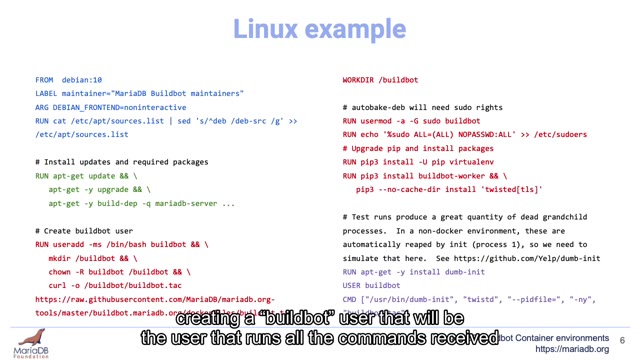"MariaDB Buildbot container environments" — FOSDEM 2021 — slide 22