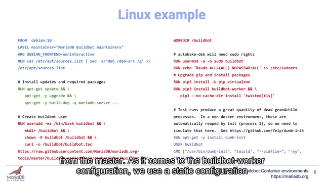 "MariaDB Buildbot container environments" — FOSDEM 2021 — slide 24