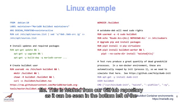 "MariaDB Buildbot container environments" — FOSDEM 2021 — slide 25
