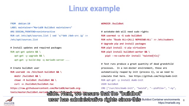 "MariaDB Buildbot container environments" — FOSDEM 2021 — slide 26