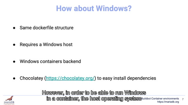 "MariaDB Buildbot container environments" — FOSDEM 2021 — slide 29