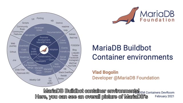 "MariaDB Buildbot container environments" — FOSDEM 2021 — slide 3