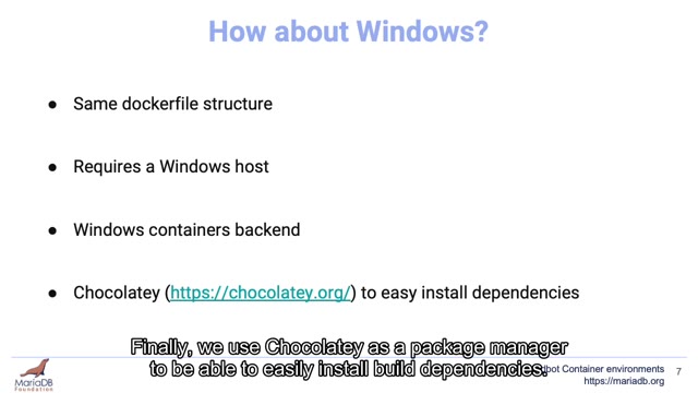 "MariaDB Buildbot container environments" — FOSDEM 2021 — slide 31