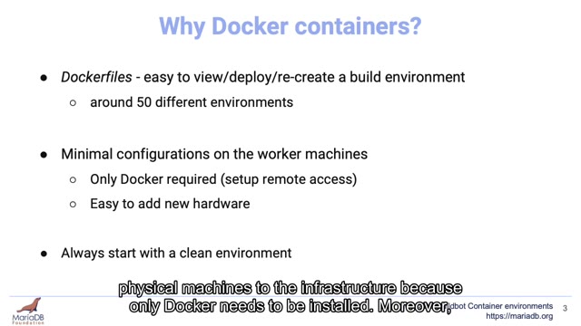 "MariaDB Buildbot container environments" — FOSDEM 2021 — slide 8