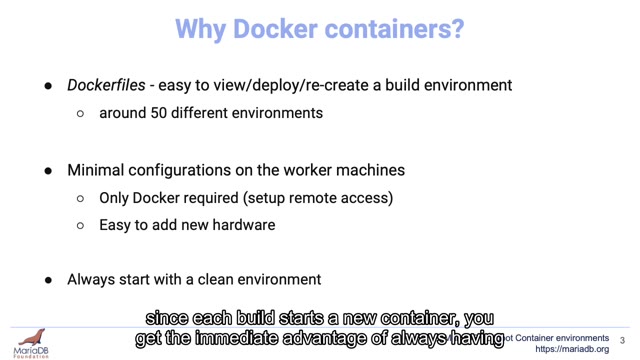 "MariaDB Buildbot container environments" — FOSDEM 2021 — slide 9