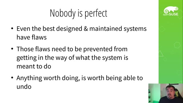 "openSUSE MicroOS — bigger isn't better, slower isn't safer" — FOSDEM 2021 — slide 17