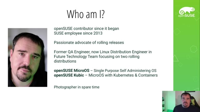 "openSUSE MicroOS — bigger isn't better, slower isn't safer" — FOSDEM 2021 — slide 3