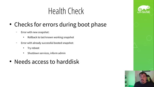 "openSUSE MicroOS — bigger isn't better, slower isn't safer" — FOSDEM 2021 — slide 32